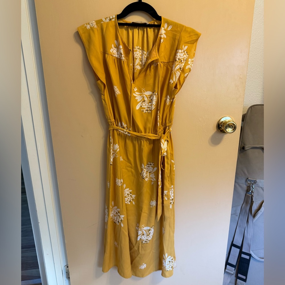 LOFT Mustard Floral Midi Dress